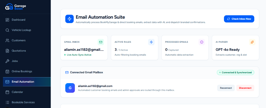 Garage Boost ClickMechanic Live Email Automation Dashboard