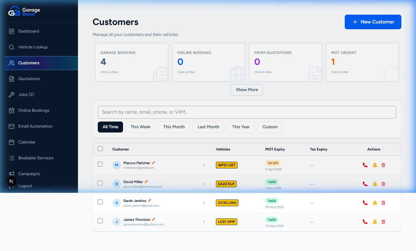 Garage Boost Customer Management CRM and UK Vehicle Fleet Tracking